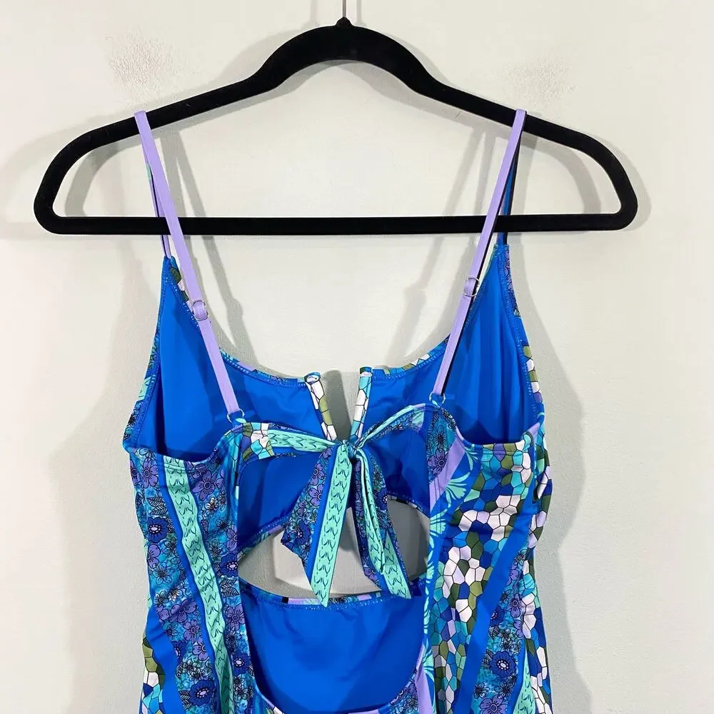 Lucky Brand Women's Blue Floral Graphics V-neck Cutout One Piece Swimsuit Size L